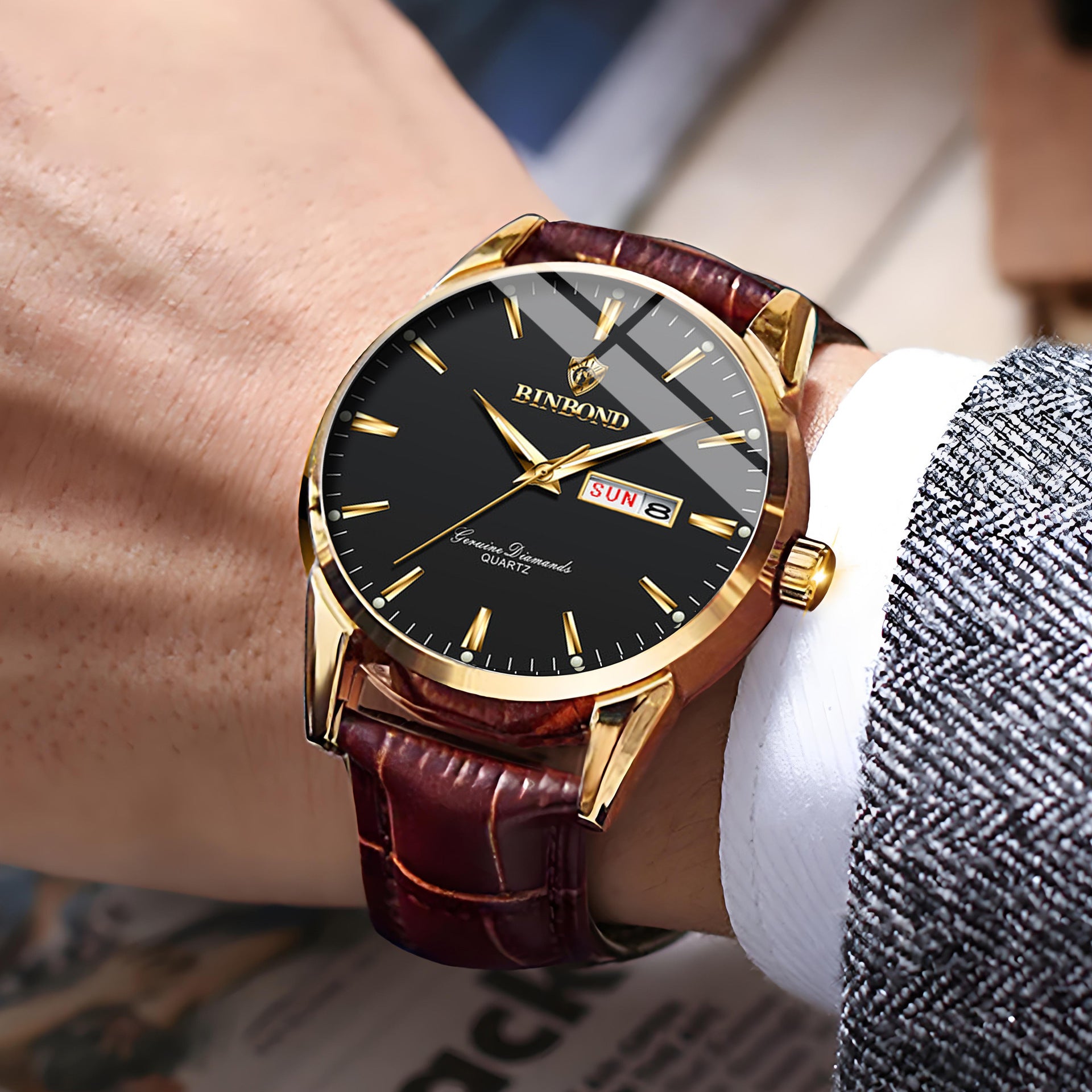 Binbond Double Calendar Waterproof Quartz Watch Men
