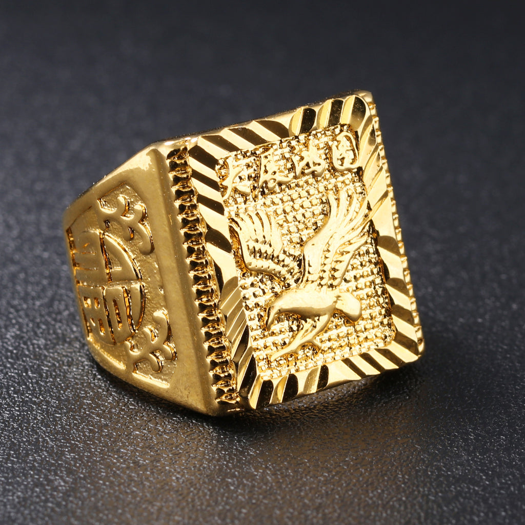 9ct Gold-Filled Men’s Ring with Eagle and Symbolic Engraving
