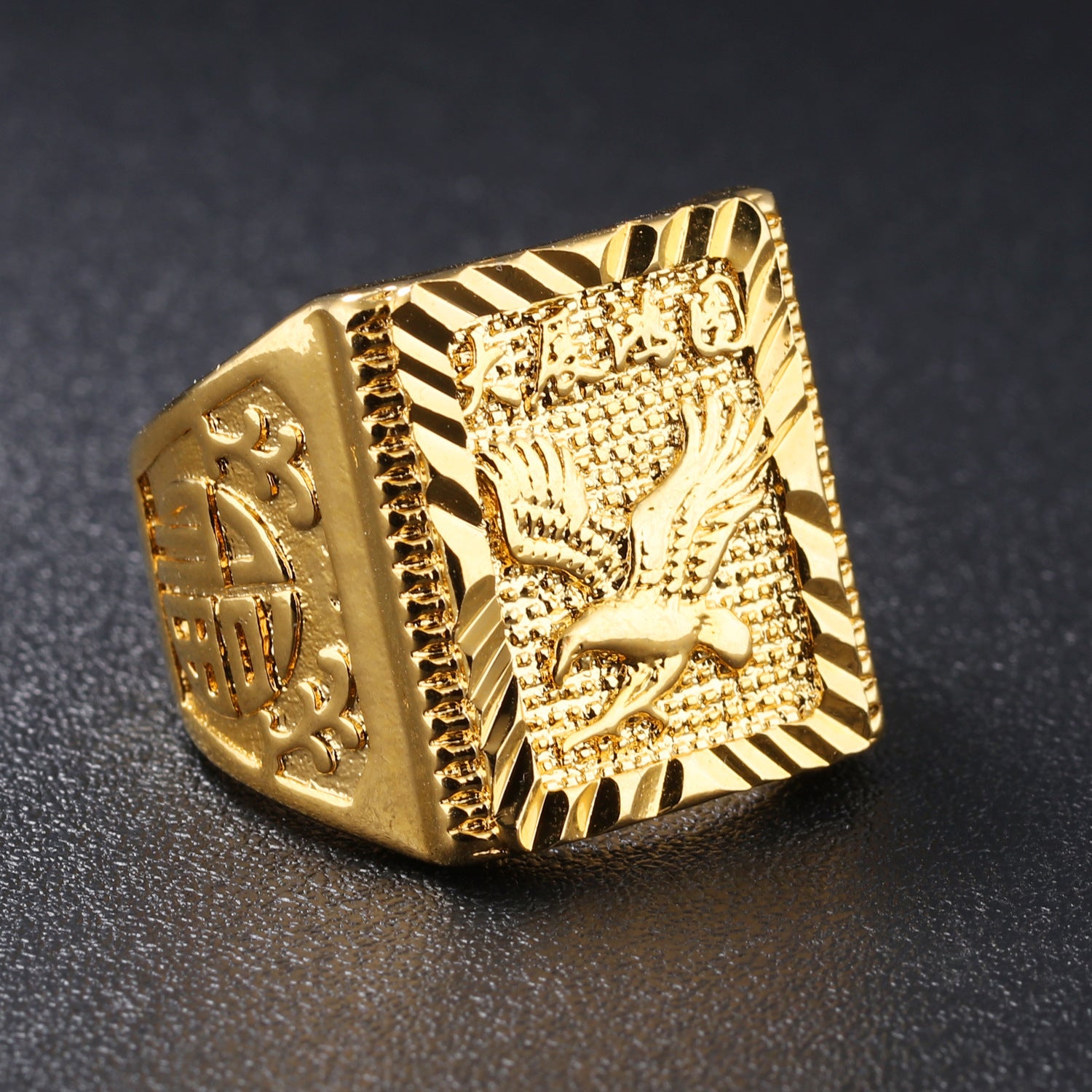 9ct Gold-Filled Men’s Ring with Eagle and Symbolic Engraving